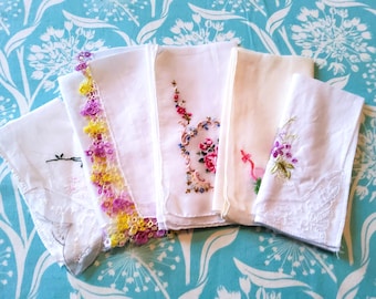 Set of 5 Hand Embroidered Appliqued Hankies, Petit Point Floral Lace Trim