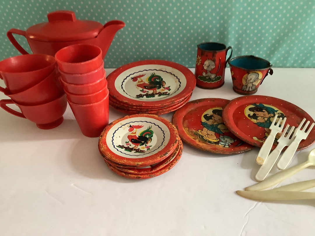 Vintage Toy Tea Sets, Tin Tea Set, Metal Tea Set, Plastic Tea Set, Red