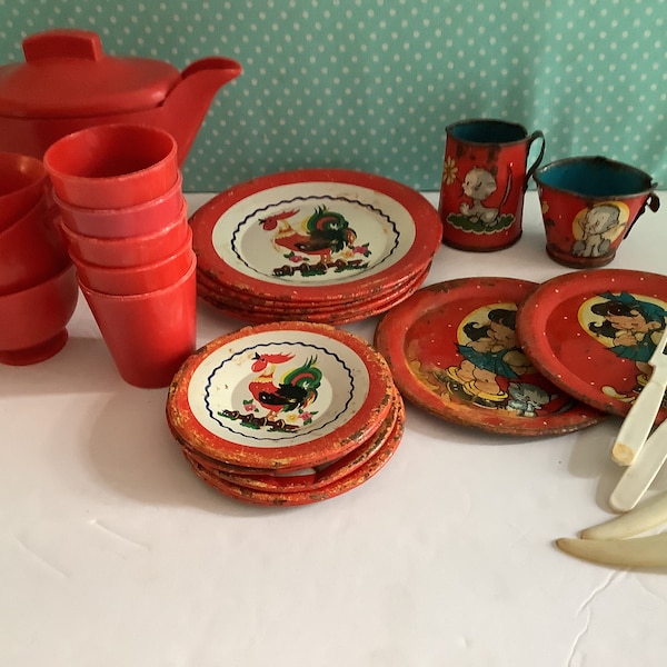 Vintage toy tea sets, tin tea set, metal tea set, plastic tea set, red plastic, rooster tea set, kitten tea set, lot of tea sets