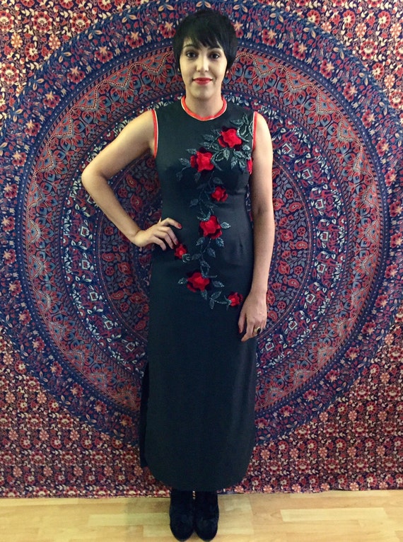 Black Rose Applique Crepe Dress