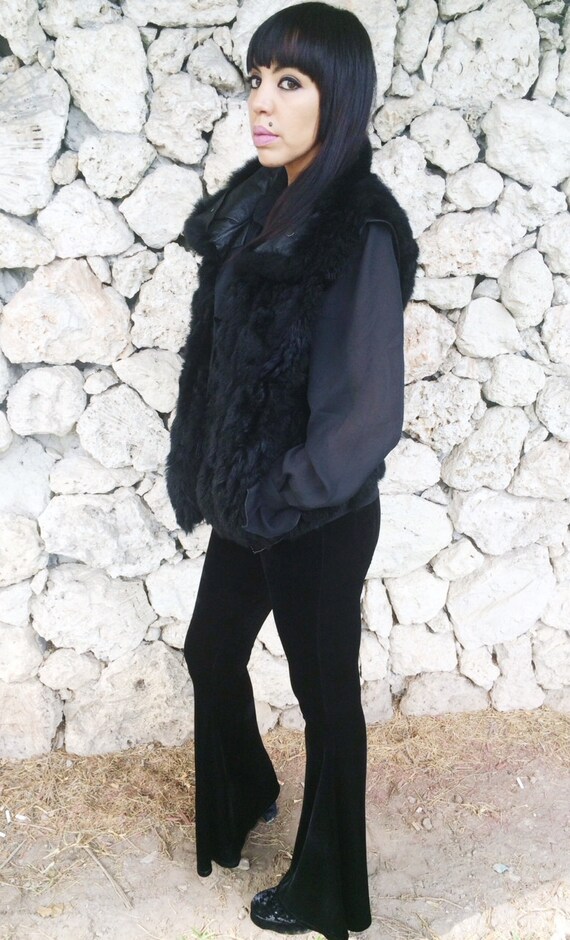 Vintage 70s Black Fur and Leather Vest M // L