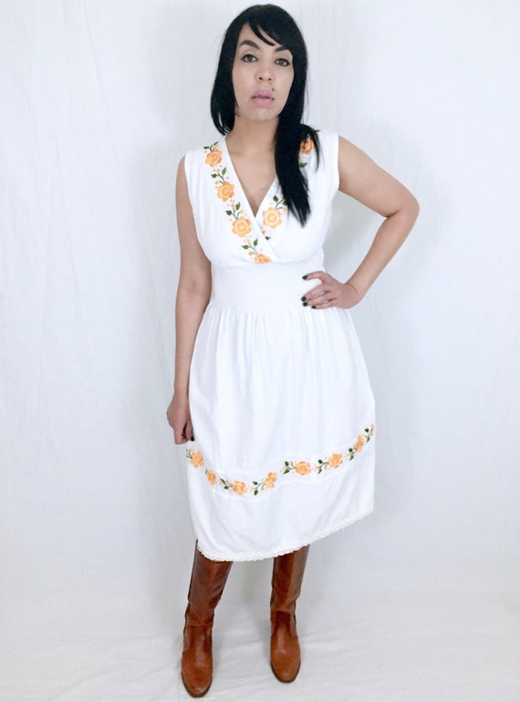 white gauze flowers embroidered dress