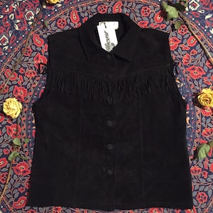 Vintage 80s Does 70s Black Western Real Suede Fringe Vest M // L