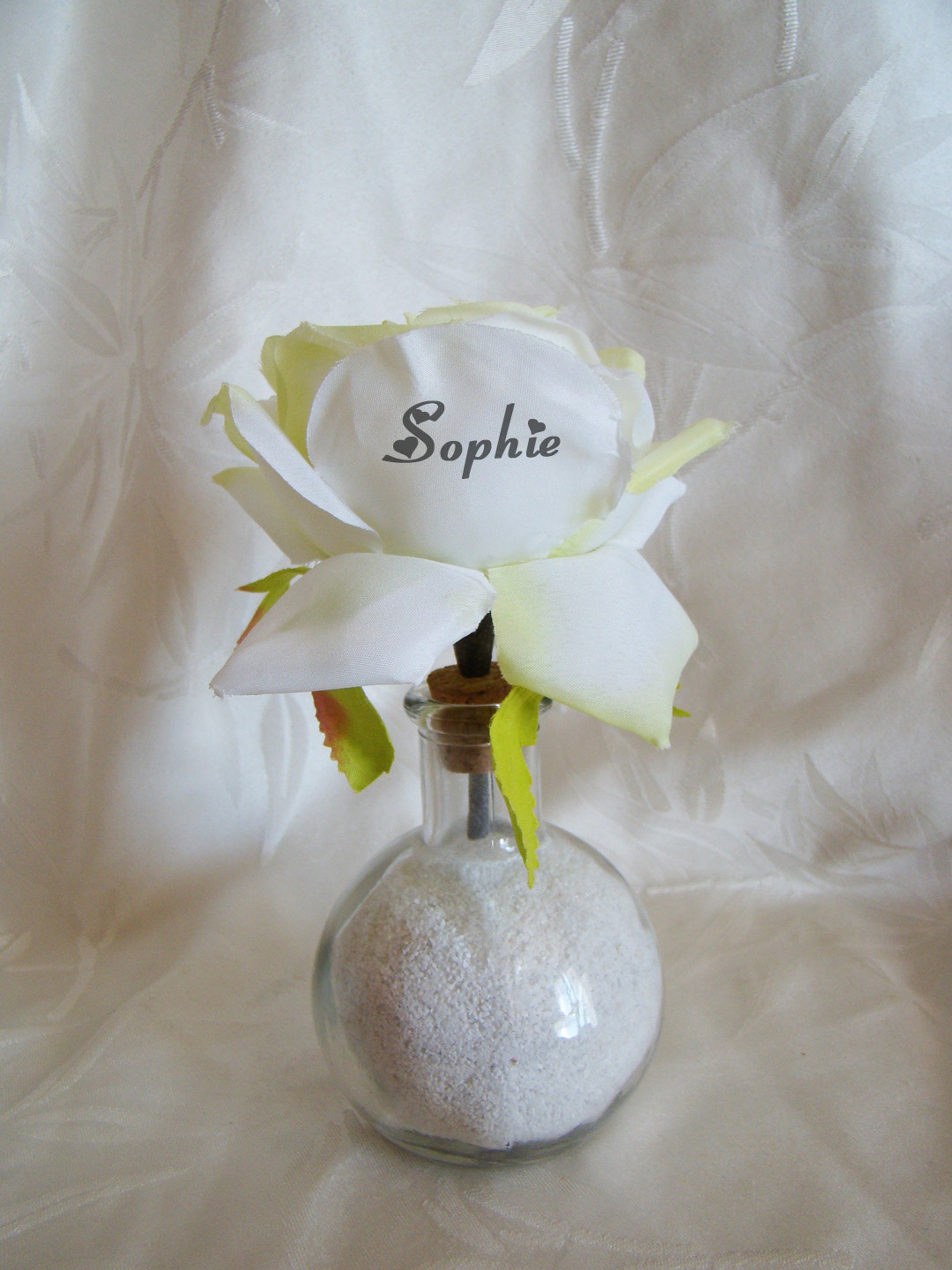 Rose Blanche Artificielle et Petit Vase Boule à Personnaliser