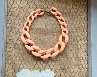 Pastel Coral Peach Chunky Chain Lucite Link Housewife Resin Statement Necklace