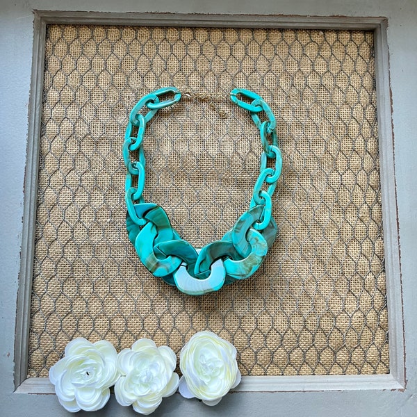 Turquoise Blue  Marbled  Tortoise Shell Chunky Chain Lucite Link Housewife Resin Statement Necklace Additional Colors Available