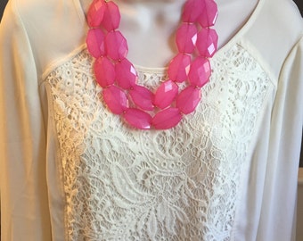Translucent Fuchsia Hot Pink Multi Layer Strand Bubble Beaded Bib Cascade Statement Necklace More Colors