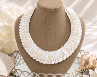 Mermaid Luxe White Mother of Pearl Shell Statement Necklace  Coastal Luxe Choker Beach Wedding Jewelry Oyster Shell Necklace Resort Wear