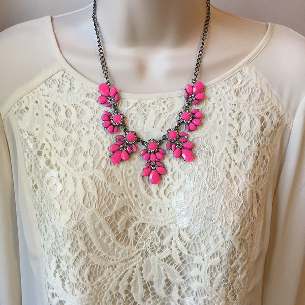 Fuchsia Hot Pink Crystal Sparkle Chandelier Vintage Style  Statement Necklace More Colors