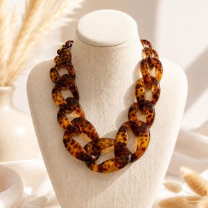 Tortoise Shell- Leopard Chunky Chain Link Housewife Modern Glam Resin Statement Necklace