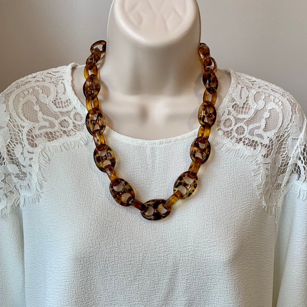 Tiger Eye Tortoise Shell Leopard Chunky Chain Lucite Link Housewife Resin Statement Necklace Additional Colors Available