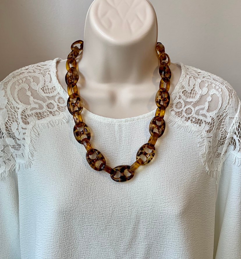 Tiger Eye Tortoise Shell Leopard Chunky Chain Lucite Link Housewife Resin Statement Necklace Additional Colors Available