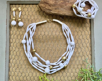 Nautical Coastal White and Gold Beaded Adjustable Statement Necklace with Matching Earrings and set of Bracelets