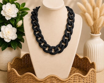 Black Matte Resin Chunky Chain Necklace | Bold Acrylic Statement Necklace | Modern Lightweight Link Necklace | Gift for Her More Colors