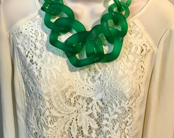 Kelly Emerald Green Translucent Resin Chunky Chain Lucite Link Housewife Resin Statement Necklace Additional Colors Available
