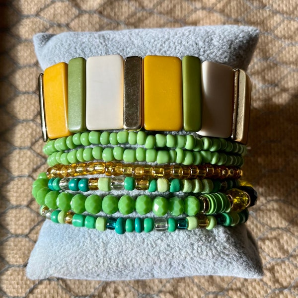 Green Yellow Gold Blue Multicolor Statement Stackable Stretchy Bracelets One Size Fits All Great Gift for Her