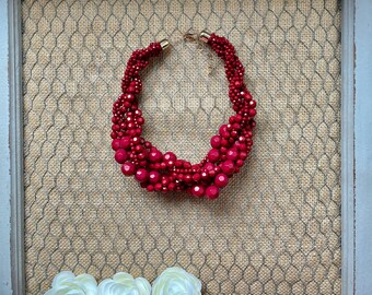 Cranberry maroon Burgundy Red Multi Strand Cascade Bubble Beaded Bib Statement Necklace