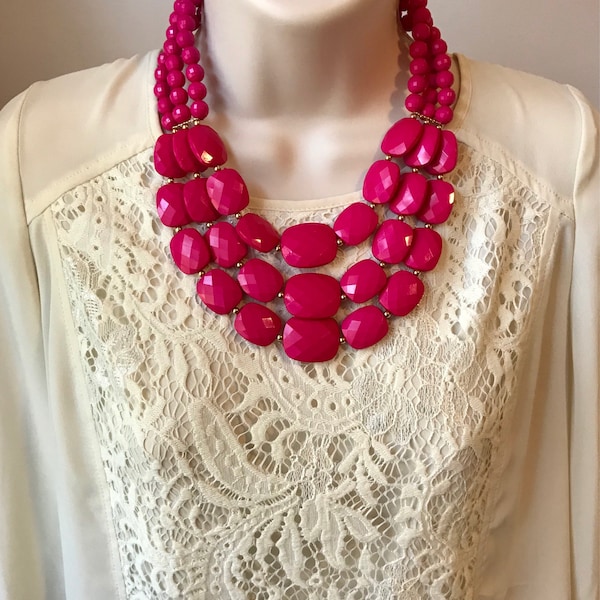 Fuchsia Pink Gradient Bubble Bead Style Multi Strand Chunky Beaded Cascade Chandelier Statement Necklace with matching earrings More Colors