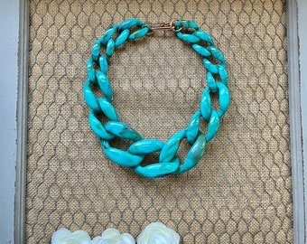 Turquoise Marbled Blue Aqua Tortoise Shell Chunky Chain Lucite Link Housewife Resin Statement Necklace Additional Colors Available