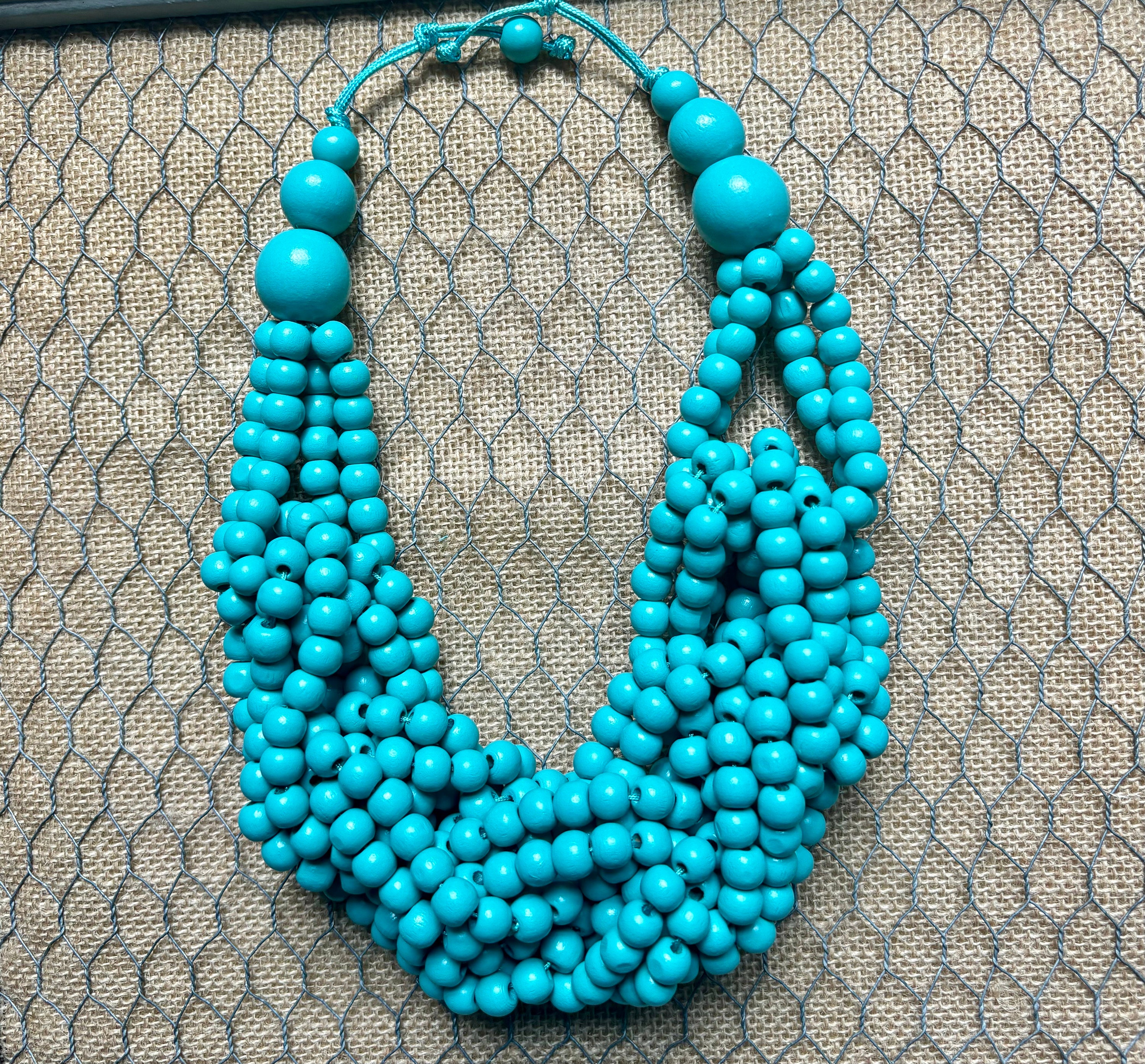 Turquoise Blue Multi Layer Painted Wood Bubble Bead  Chandelier Bib Statement Necklace