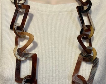 Unique Dark and Light Brown Chunky Chain Link Acrylic Resin Statement Necklace