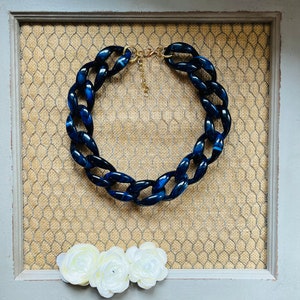 Navy Blue  Marbled  Tortoise Shell Chunky Chain Lucite Link Housewife Resin Statement Necklace Additional Colors Available