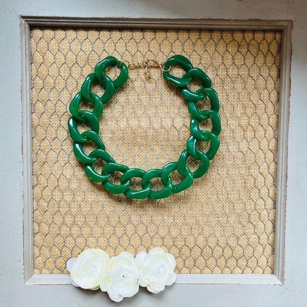 Green Chunky Chain Lucite Link Housewife Resin Statement Necklace Additional Colors Available