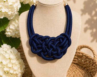 Navy Chunky Nautical Rope Knot Statement Necklace Bold Coastal Boho Necklace Modern Cord Necklace Lightweight Fashion Jewelry Gift