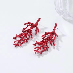 Red Coral Nautical Style Beach Shell Style Statement Earrings
