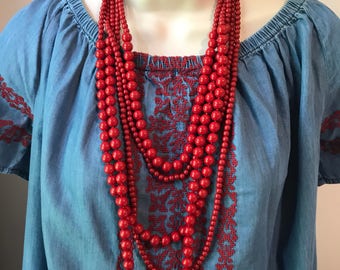 Red Multi Strand Bubble Bead Bib Cascade Statement Necklace More Colors