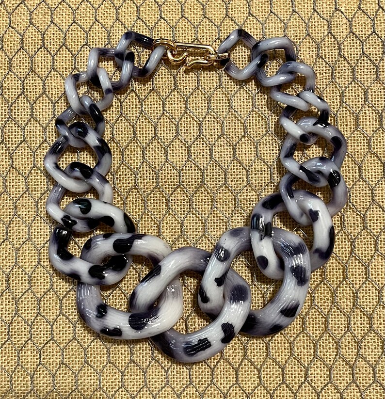 Tortoise Black and White Zebra Dalmatian Chunky Chain Lucite Link Housewife Resin Statement Necklace image 1