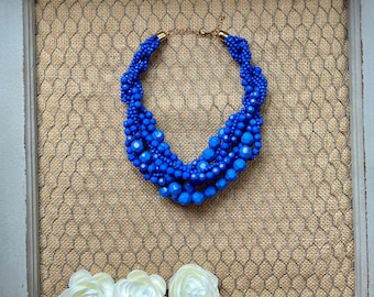 Cobalt Blue Multi Strand Cascade Bubble Beaded Bib Statement Necklace More Colors
