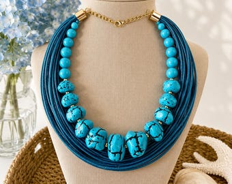 Turquoise Blue Chunky Multi Strand Statement Necklace | Boho Beaded Cord Necklace Lightweight Artisan Jewelry  Bold  Necklace Gift for her