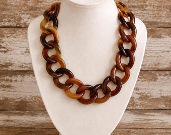 Tiger Eye Tortoise Shell Leopard Chunky Chain Lucite Link Housewife Resin Statement Necklace Additional Colors Available