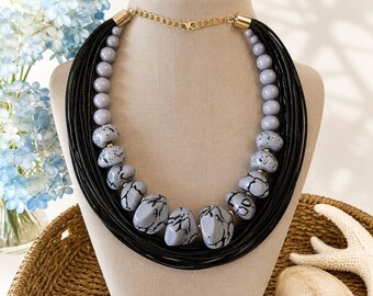 Modern Gray Chunky Multi Strand Statement Necklace Boho Beaded Cord Necklace Lightweight Artisan Jewelry Bold Necklace Gift for Her