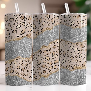 Gold Edged Cheetah Pattern With Silver Stripe - DIGITAL ONLY Instant Downloadable Graphic  -  Sublimation Design 20oz Skinny Tumbler Wrap
