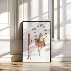 May include: A framed art print featuring a whimsical illustration of a frog ballerina juggling books and red spheres. The frog is wearing a pink tutu and balancing on a tightrope. A cattail plant is on the left side of the image.
