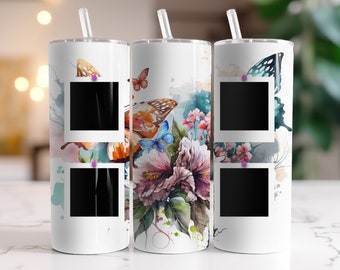 Watercolor Butterflies - Add Your Own Photos - Instant Download Graphic - Sublimation 20oz Skinny Tumbler Wrap