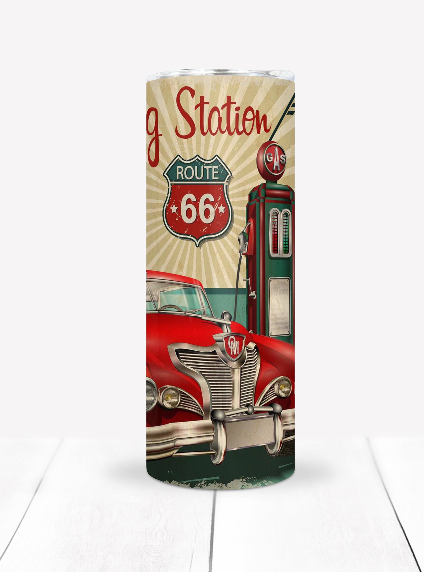Vintage Style Route 66 Car and Gas Pump Graphic Instant Download PNG
