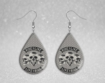 Motorcycle Skulls - Ride To Live - Teardrop Earrings / Necklace - Sublimation Design -  Instant Download Digital Graphic