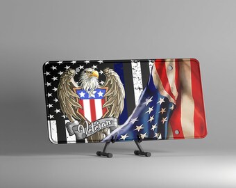 US Army Veteran License Plate Frame - Patriotic Aluminum Support Frame With Screw Caps