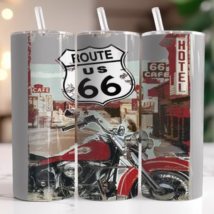 Vintage Route 66 With Motorcycle Graphic Instant Download PNG  20oz Skinny Tumbler Wrap T Shirt Hat Cap And  More Sublimation Seamless