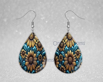 Blue Sunflower - Teardrop Earrings / Necklace - Sublimation -  Instant Download Digital Graphic