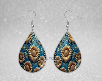 Blue Sunflower In 3D - Teardrop Earrings / Necklace - Sublimation -  Instant Download Digital Graphic