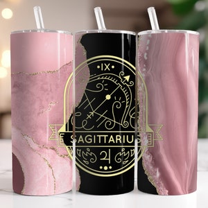 Sagittarius Zodiac In Gold On Pink Agate Background - Original Design - Instant Download Graphic -  20oz Skinny Tumbler Wrap & More