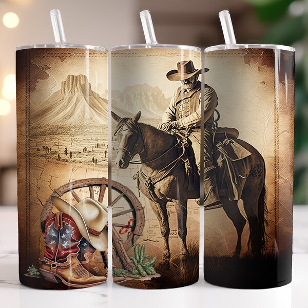 Vintage Style Western Cowboy With Hat And Boots - Instant Download Graphic -  20oz Skinny Tumbler Wrap & More
