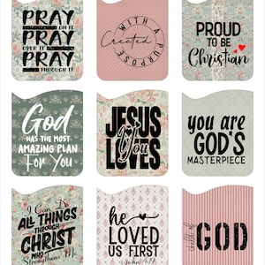 May include: Nine decorative square designs with inspirational quotes. The designs feature floral and patterned backgrounds in various colors, including pink, green, and white. Each square has a different message, such as "Pray," "Created with a Purpose," and "Proud to be Christian."