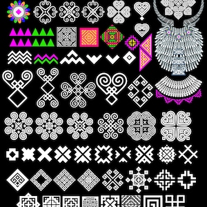 Op de afbeelding: Een verzameling witte en kleurrijke tribale designelementen op een zwarte achtergrond. De ontwerpen omvatten geometrische vormen, spiralen, harten en gestileerde dierfiguren. De afbeelding is een grafische illustratie van verschillende culturele motieven.