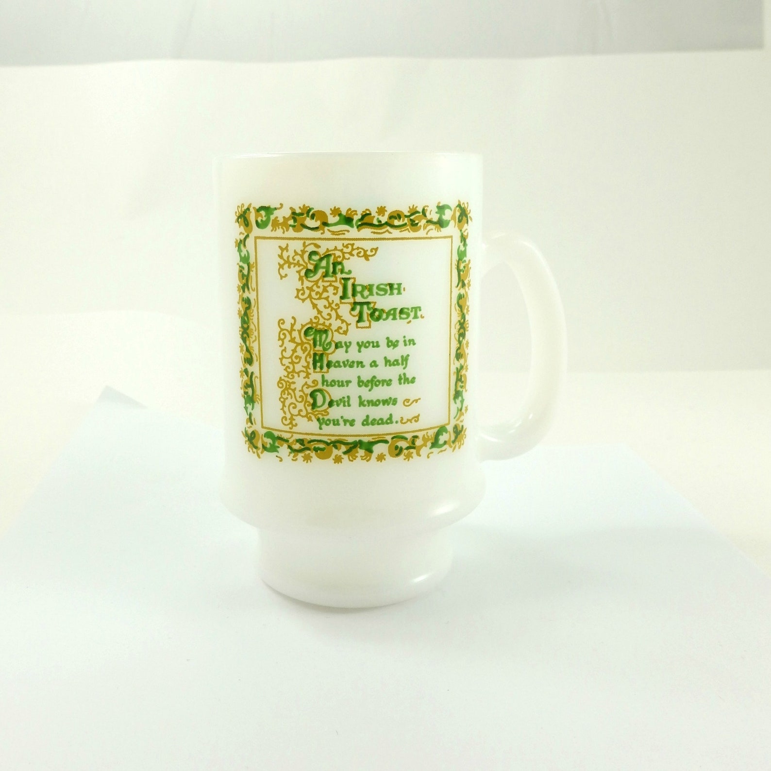 Vintage 60s White Milk Glass Mug Irish Toast Mug Irish Mug