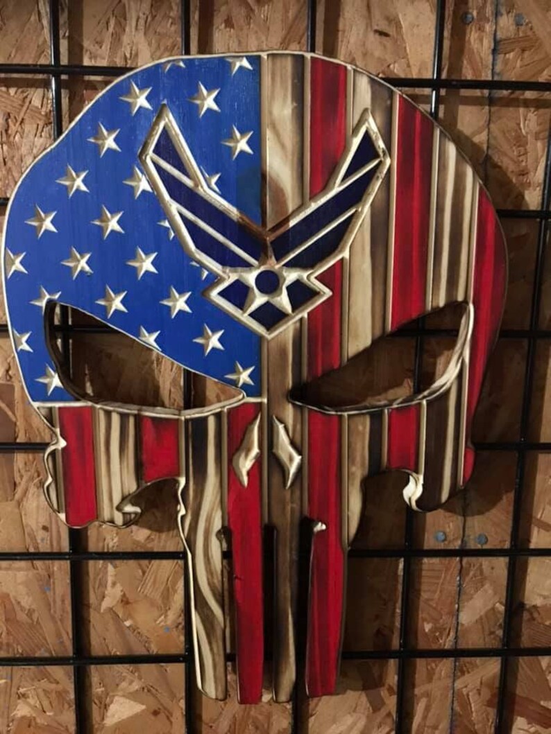 American Flag Punisher Skull Air Force Logo rustic wood Hand | Etsy